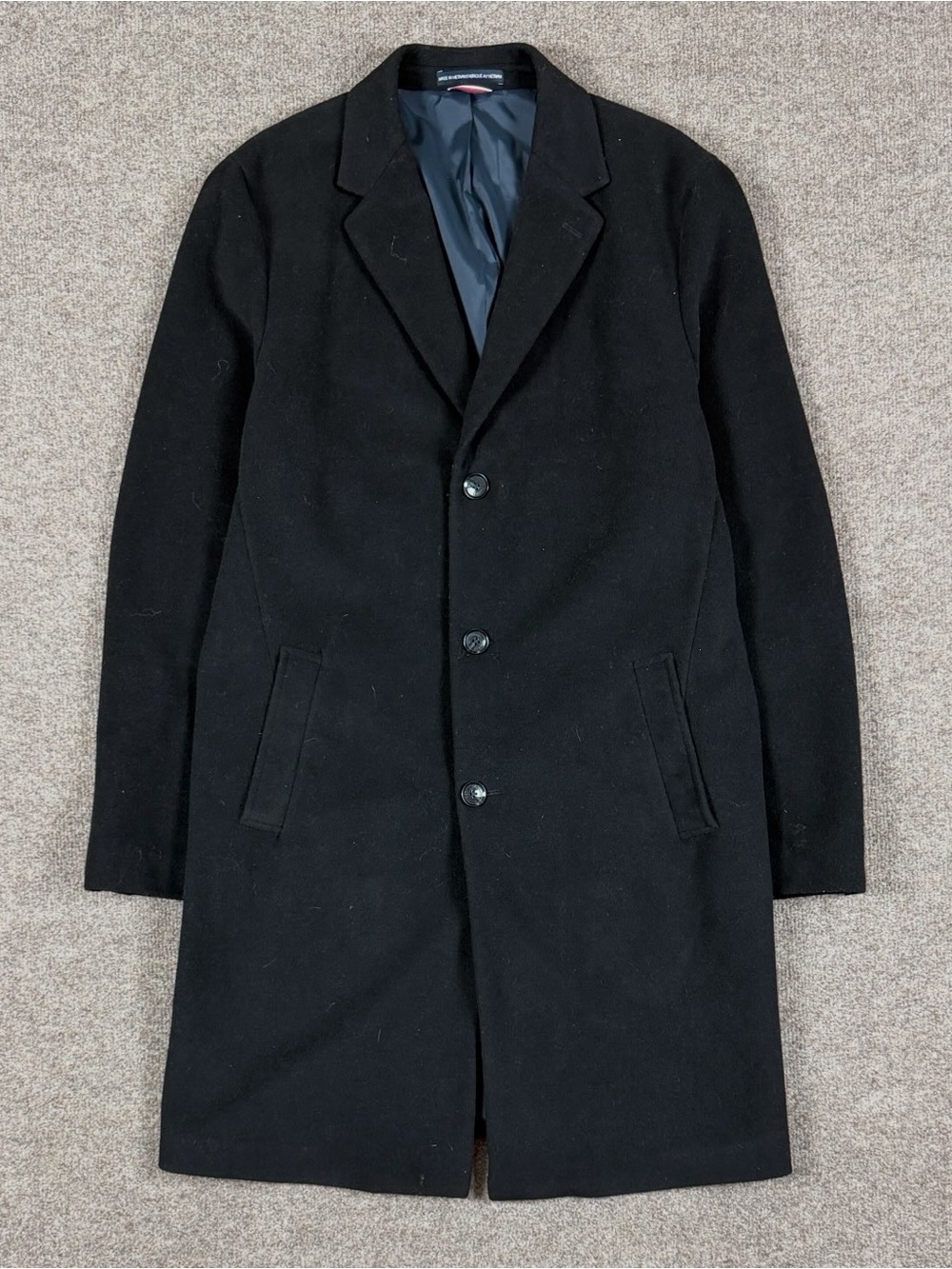 Tommy Hilfiger Black Long Single Breasted Wool Blend Coat Men’s Size 42 Overcoat